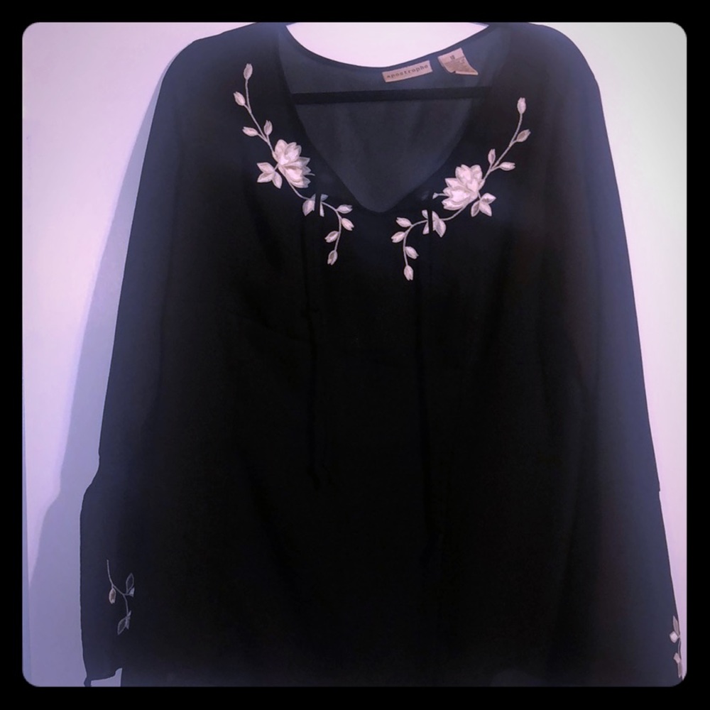 Black Sheer Classic Top with white Flowers